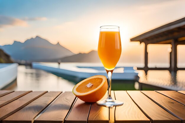 un bicchiere di succo d'arancia e mezza arancia su un tavolo con un tramonto sullo sfondo.