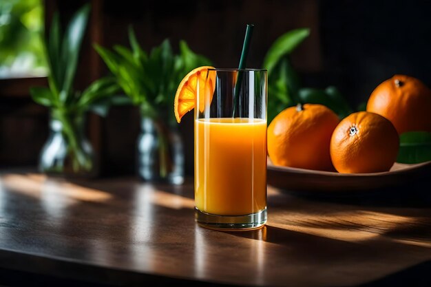 Un bicchiere di succo d'arancia è sul tavolo