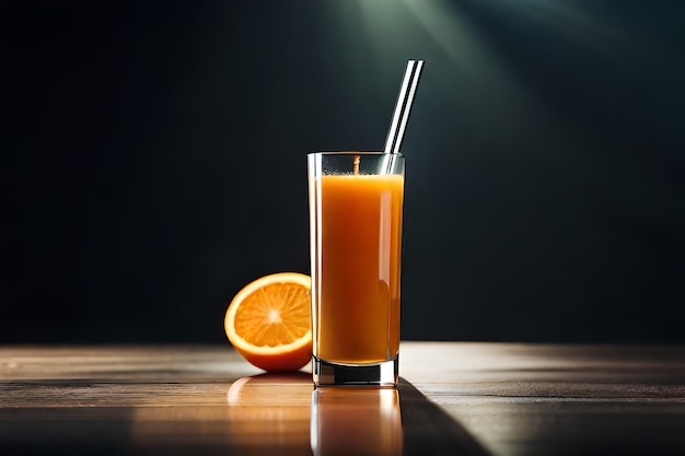 un bicchiere di succo d'arancia e un'arancia su un tavolo di legno.