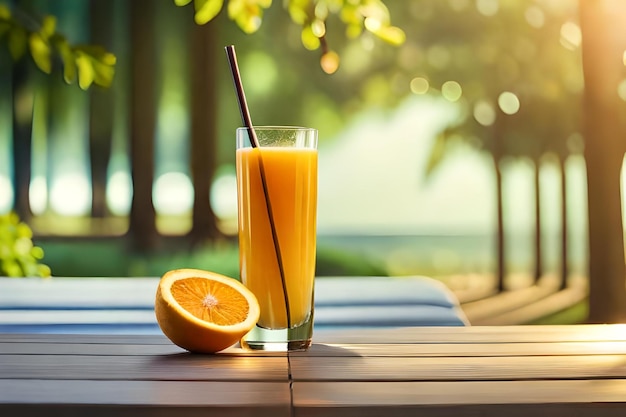 un bicchiere di succo d'arancia e un'arancia su un tavolo.