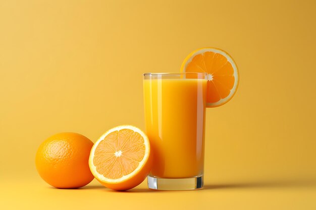 Un bicchiere di succo d'arancia fresco e frutta fresca su sfondo arancione