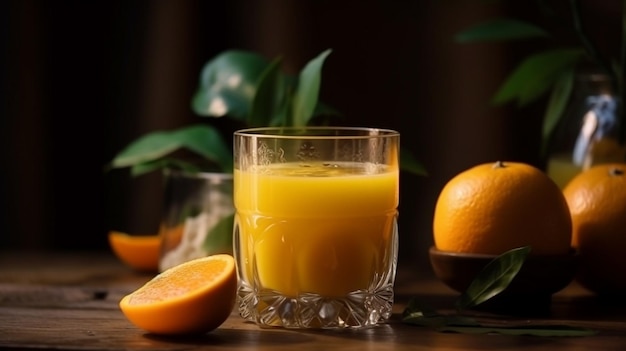 Un bicchiere di succo d'arancia si trova su un tavolo con sopra alcune arance.