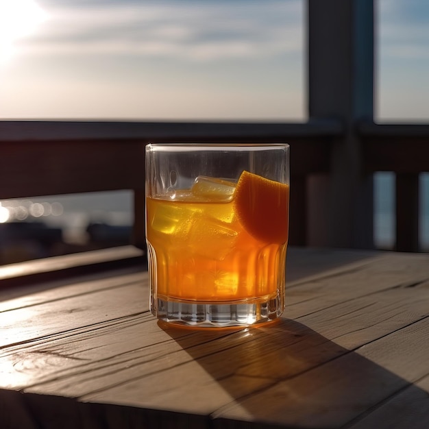Un bicchiere di succo d'arancia si trova su un tavolo di legno con vista sull'oceano sullo sfondo.
