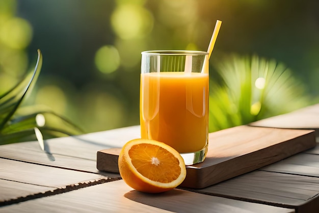 Un bicchiere di succo d'arancia si trova su un tavolo di legno.