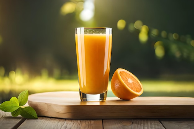 Un bicchiere di succo d'arancia si trova su una tavola di legno con accanto una mezza arancia.