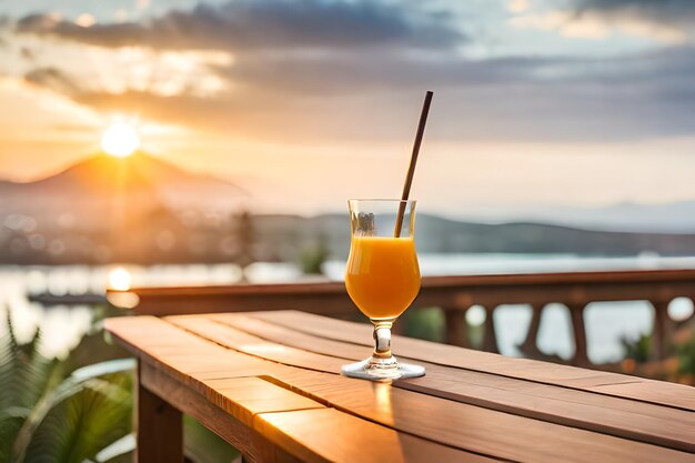 Un bicchiere di succo d'arancia su un tavolo con un tramonto sullo sfondo.
