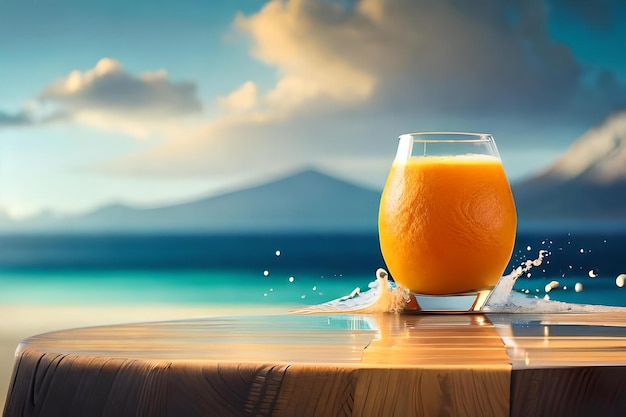 Un bicchiere di succo d'arancia su un tavolo di legno con una bellissima vista sull'oceano.