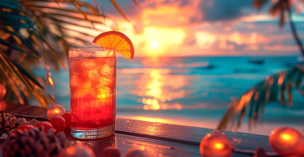 Un bicchiere di succo d'arancia sulla spiaggia, mare, oceano, palme, turismo, immagine generata dall'AI