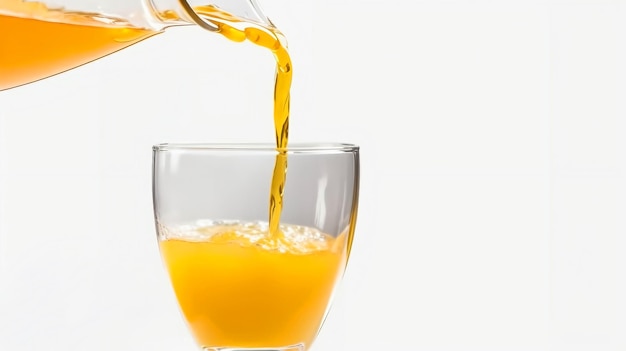 Un bicchiere di succo d'arancia viene versato in un bicchiere.