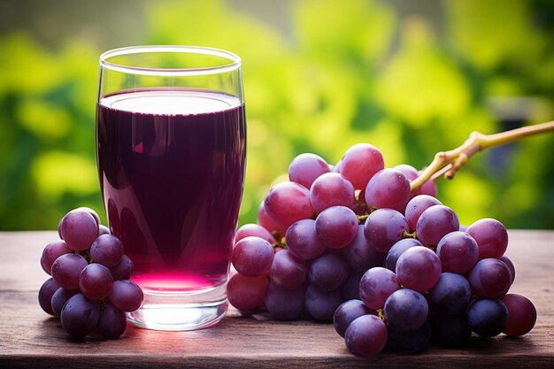 Un bicchiere di succo d'uva in una giornata di sole con l'uva in th