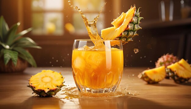 Un bicchiere di succo di ananas spruzzato