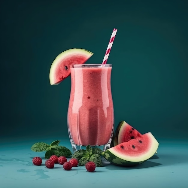 Un bicchiere di succo di anguria con una cannuccia e una cannuccia a strisce rosse e bianche.