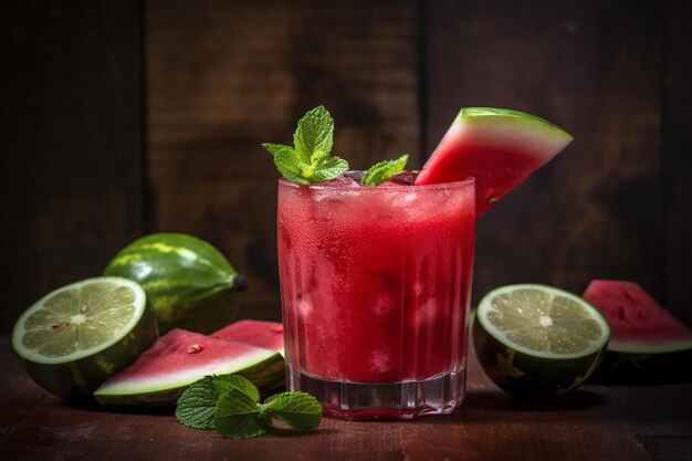 Un bicchiere di succo di anguria con una fetta di anguria sul lato