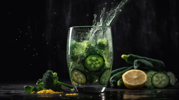 Un bicchiere di succo di cetriolo con una verdura verde sul lato