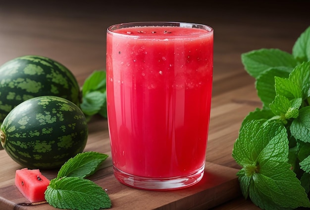 Un bicchiere di succo di cocomero con foglie di menta su un tavolo di legno