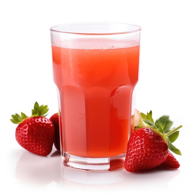 Un bicchiere di succo di fragola con due fragole sul lato.