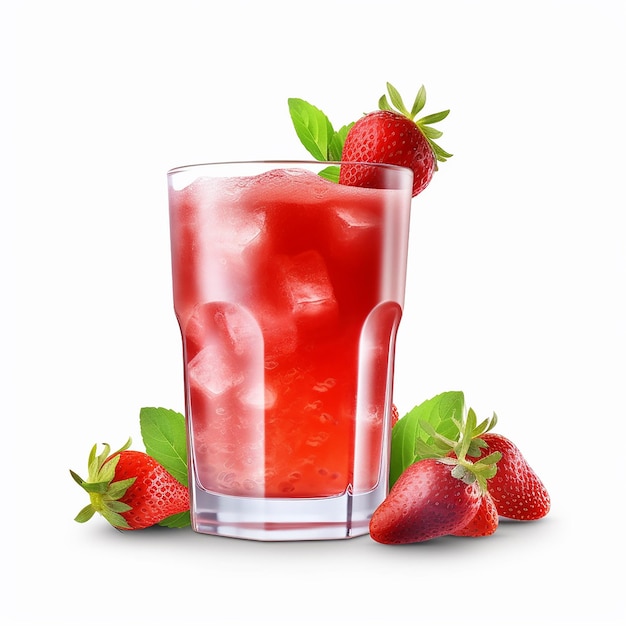 Un bicchiere di succo di fragola con fragole e foglie verdi sul lato.