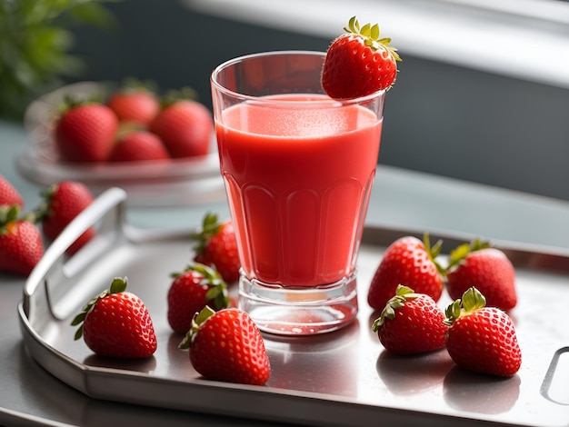 Un bicchiere di succo di fragola e fragole su un piatto