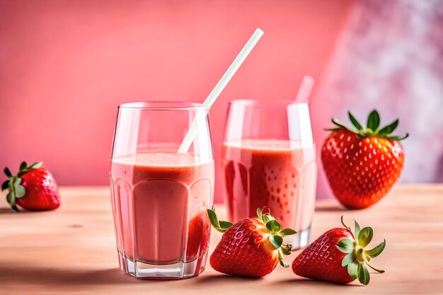 Un bicchiere di succo di fragola si trova su un tavolo di legno.