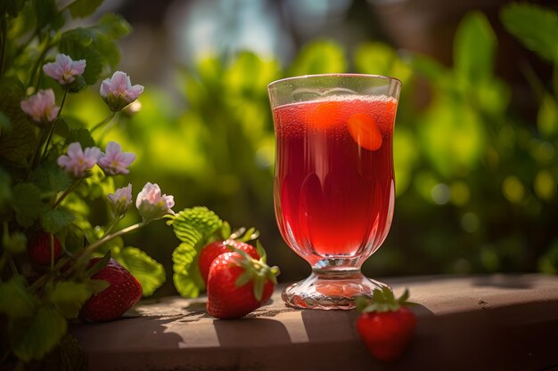 Un bicchiere di succo di fragola su una ringhiera con fragole sul lato.