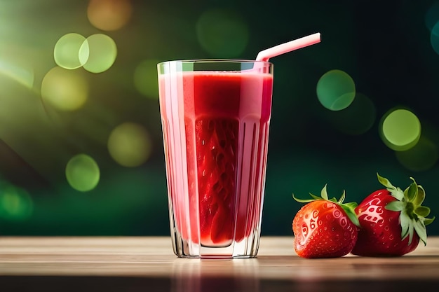 Un bicchiere di succo di fragole con fragole su un tavolo.