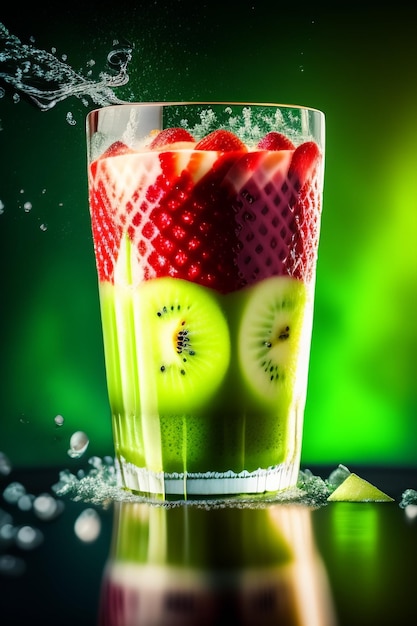 Un bicchiere di succo di kiwi con spruzzi d'acqua intorno.