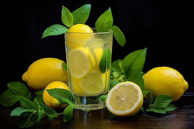 Un bicchiere di succo di limone fresco su una tavola di legno