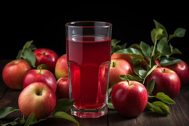 Un bicchiere di succo di mela circondato da mele rosse