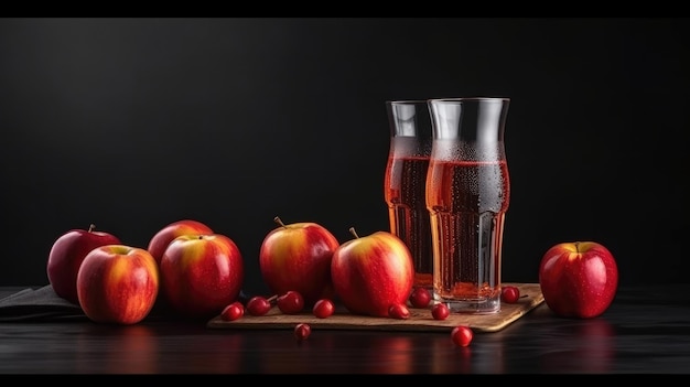 Un bicchiere di succo di mela rossa con uno sfondo nero