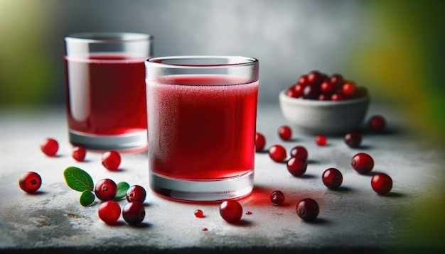 Un bicchiere di succo di mirtillo rosso sano su sfondo grigio chiaro con mirtilli rossi e foglie