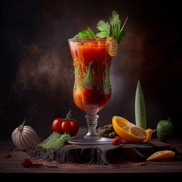 Un bicchiere di succo di pomodoro con un mucchio di verdure sul tavolo.