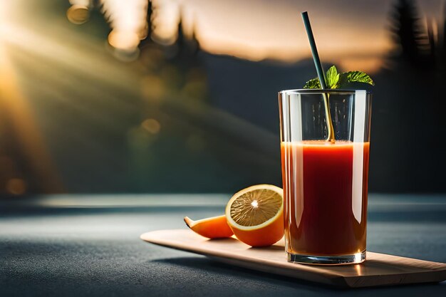 un bicchiere di succo di pomodoro con una cannuccia sullo sfondo