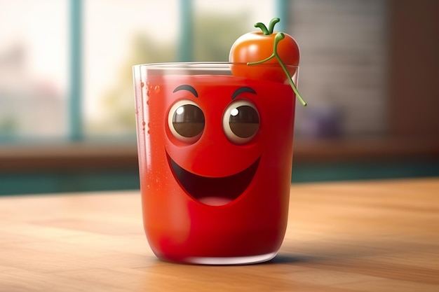 Un bicchiere di succo di pomodoro con una faccia sorridente