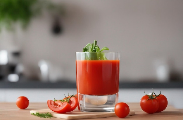 Un bicchiere di succo di pomodoro con verdure in un moderno