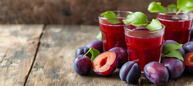 Un bicchiere di succo di prugne appena spremuto con prugne mature e spazio per le copie