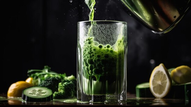 Un bicchiere di succo di verdura verde con un liquido verde che viene versato dentro.