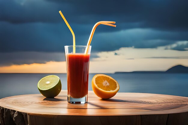 Un bicchiere di succo e un'arancia su un tavolo