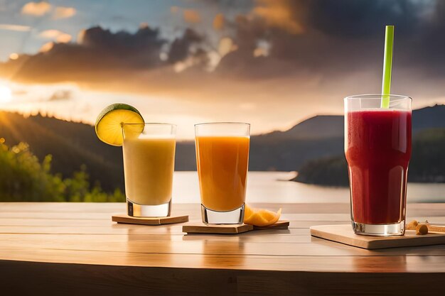 un bicchiere di succo e una bottiglia di succo con una fetta di cetriolo sul tavolo.