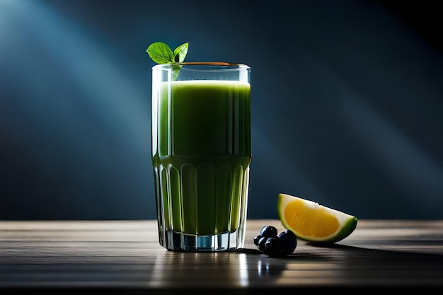 un bicchiere di succo verde accanto a mezzo pieno di kiwi e mezzo pieno di olive.