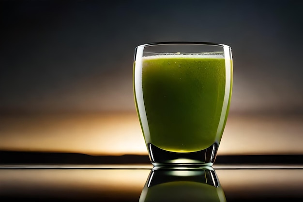 Un bicchiere di succo verde e' mezzo pieno di un liquido verde.