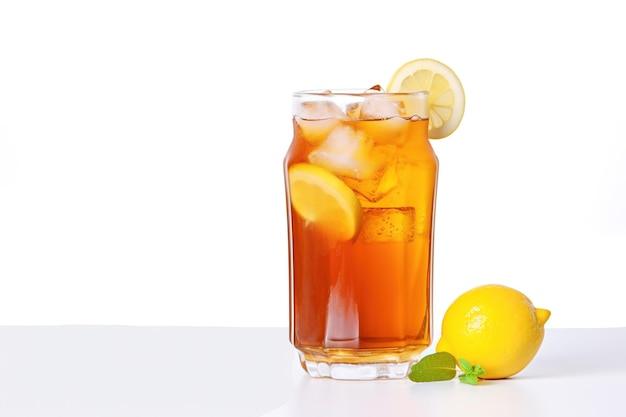 un bicchiere di tè al limone ghiacciato con una fetta di limone isolato su sfondo bianco con spazio per la copia