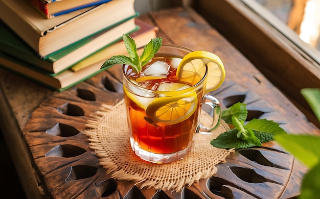 Un bicchiere di tè ghiacciato con limone e menta su un tavolo di legno
