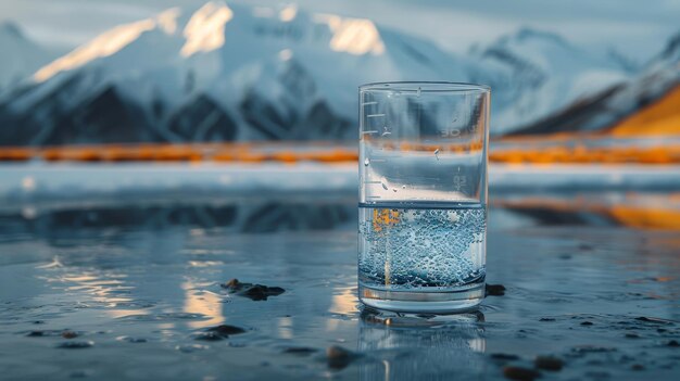 Un bicchiere di vetro trasparente con acqua di montagna potabile sullo sfondo di montagne innevate Il concetto di acqua minerale potabile