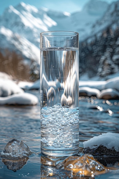 Un bicchiere di vetro trasparente con acqua di montagna potabile sullo sfondo di montagne innevate Il concetto di acqua minerale potabile