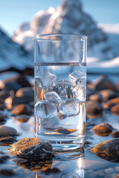 Un bicchiere di vetro trasparente con acqua di montagna potabile sullo sfondo di montagne innevate Il concetto di acqua minerale potabile