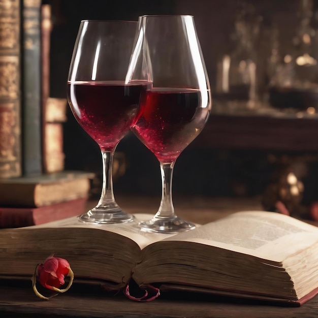 Un bicchiere di vino avvelenato e un libro aperto.