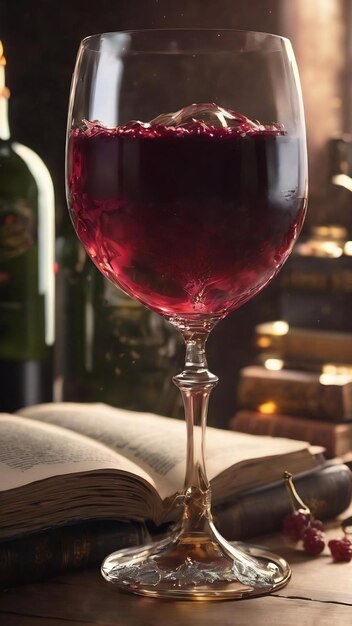 Un bicchiere di vino avvelenato e un libro aperto.