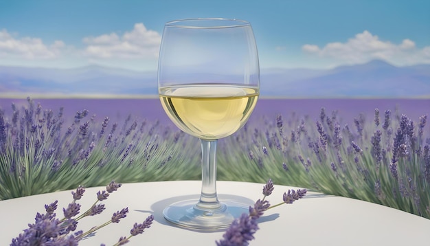 Un bicchiere di vino bianco nel campo di lavanda