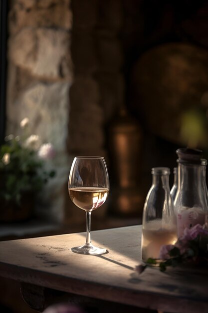 Un bicchiere di vino bianco su un tavolo di legno nel bar.