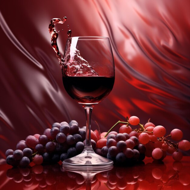 un bicchiere di vino con uva e uno sfondo rosso.